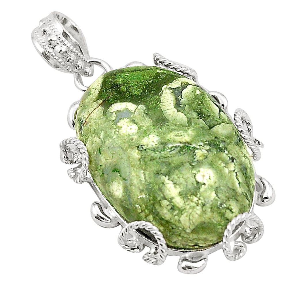 925 silver natural green rainforest rhyolite jasper oval pendant d24524