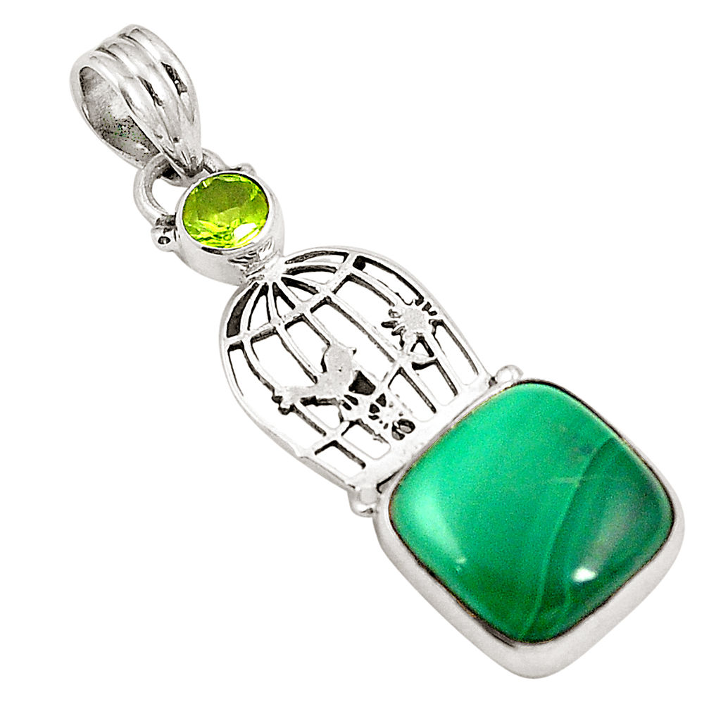 Natural green malachite (pilot's stone) 925 silver cage pendant jewelry d24564