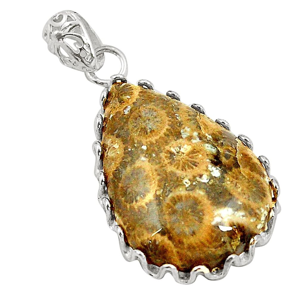 Natural brown fossil coral (agatized) petoskey stone 925 silver pendant d24592