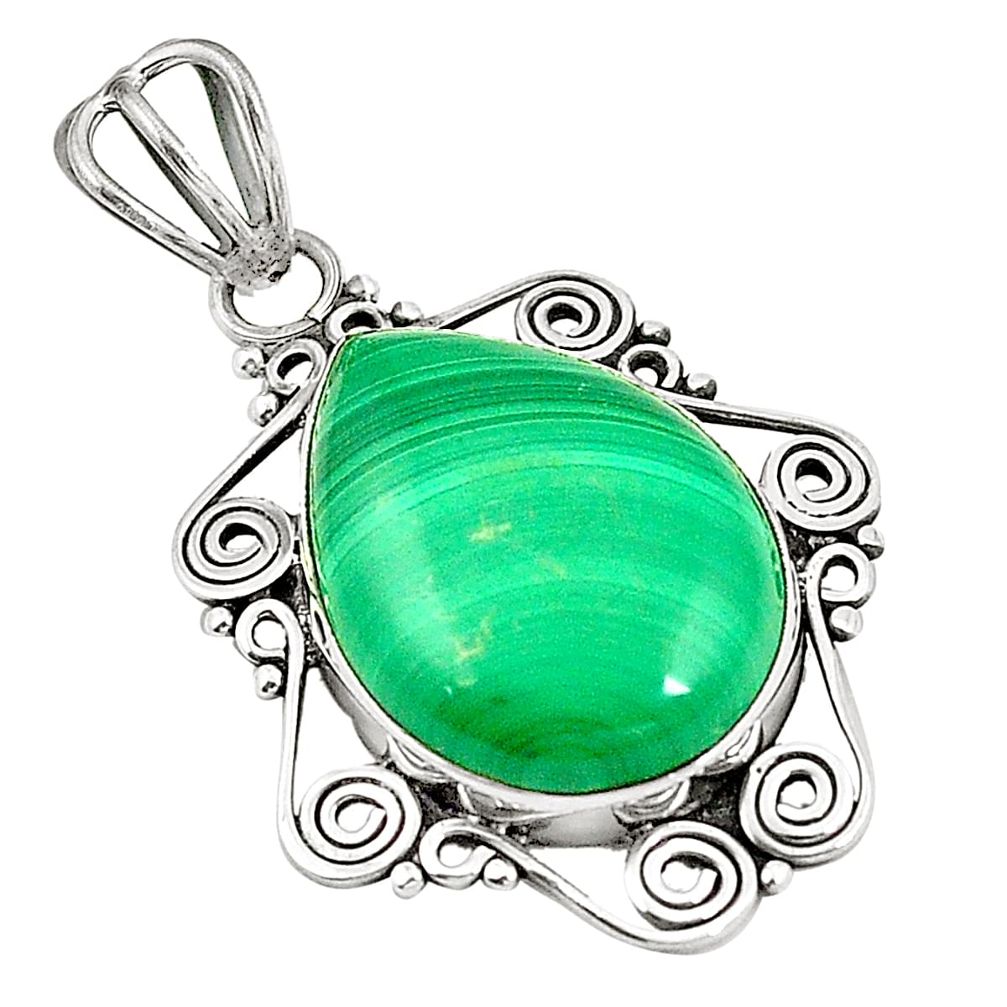 Natural green malachite (pilot's stone) pear 925 silver pendant jewelry d24658