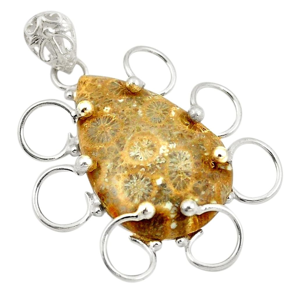 Natural brown fossil coral (agatized) petoskey stone 925 silver pendant d24669