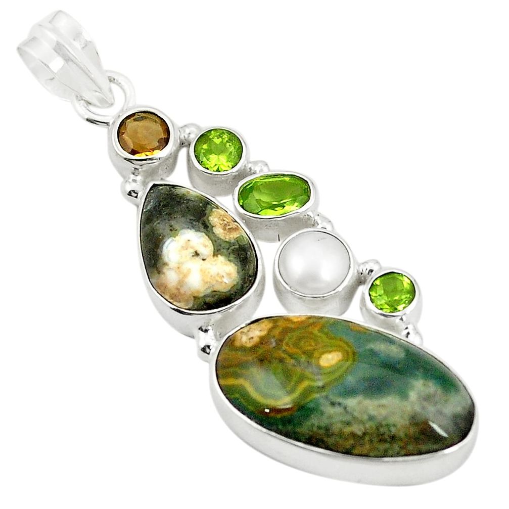 Natural green ocean sea jasper (madagascar) pearl 925 silver pendant d24681