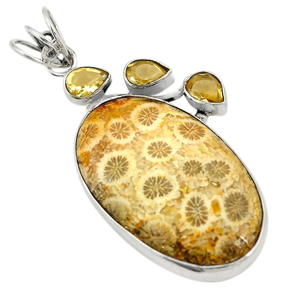 Natural brown fossil coral (agatized) petoskey stone 925 silver pendant d24690