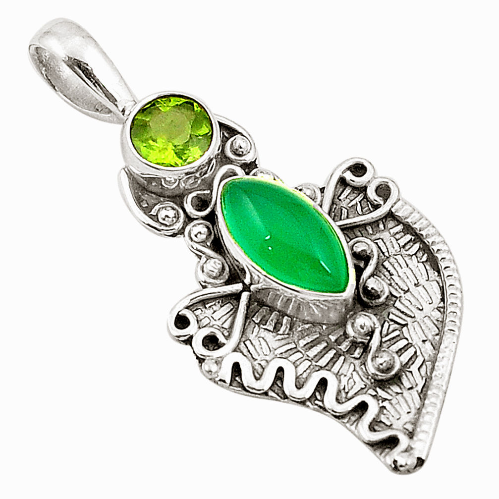 Natural green chalcedony peridot 925 sterling silver pendant d25741
