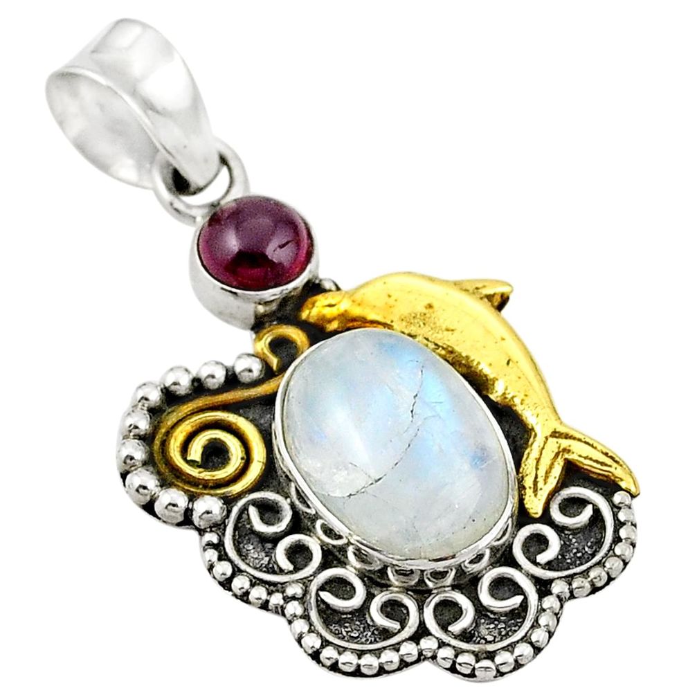 Natural rainbow moonstone 925 silver 14k gold dolphin pendant d25921