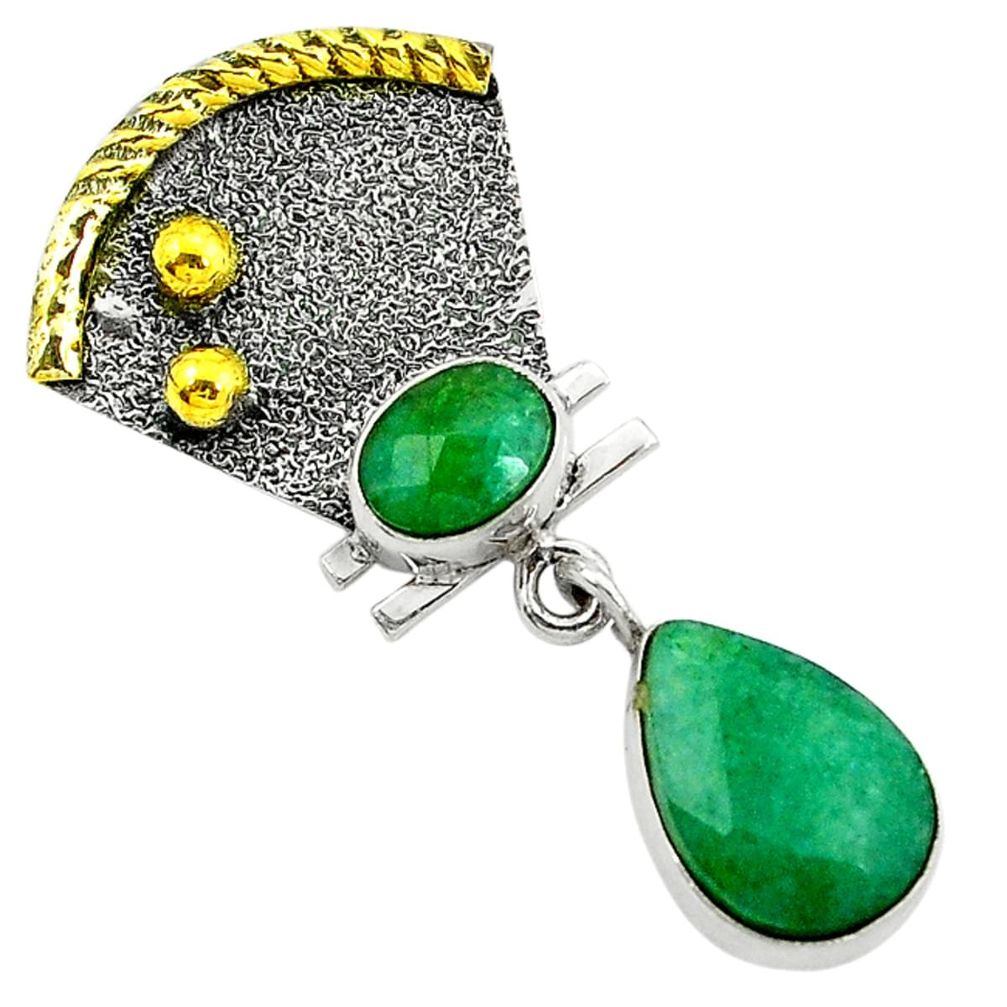 Victorian natural green emerald 925 silver two tone pendant jewelry d2633