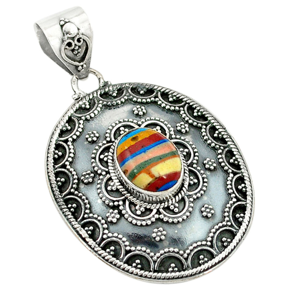 Natural multi color rainbow calsilica 925 sterling silver pendant d2641