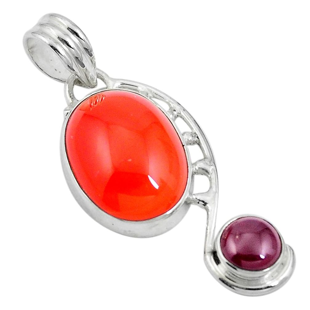 Natural orange cornelian (carnelian) red garnet 925 silver pendant d26419