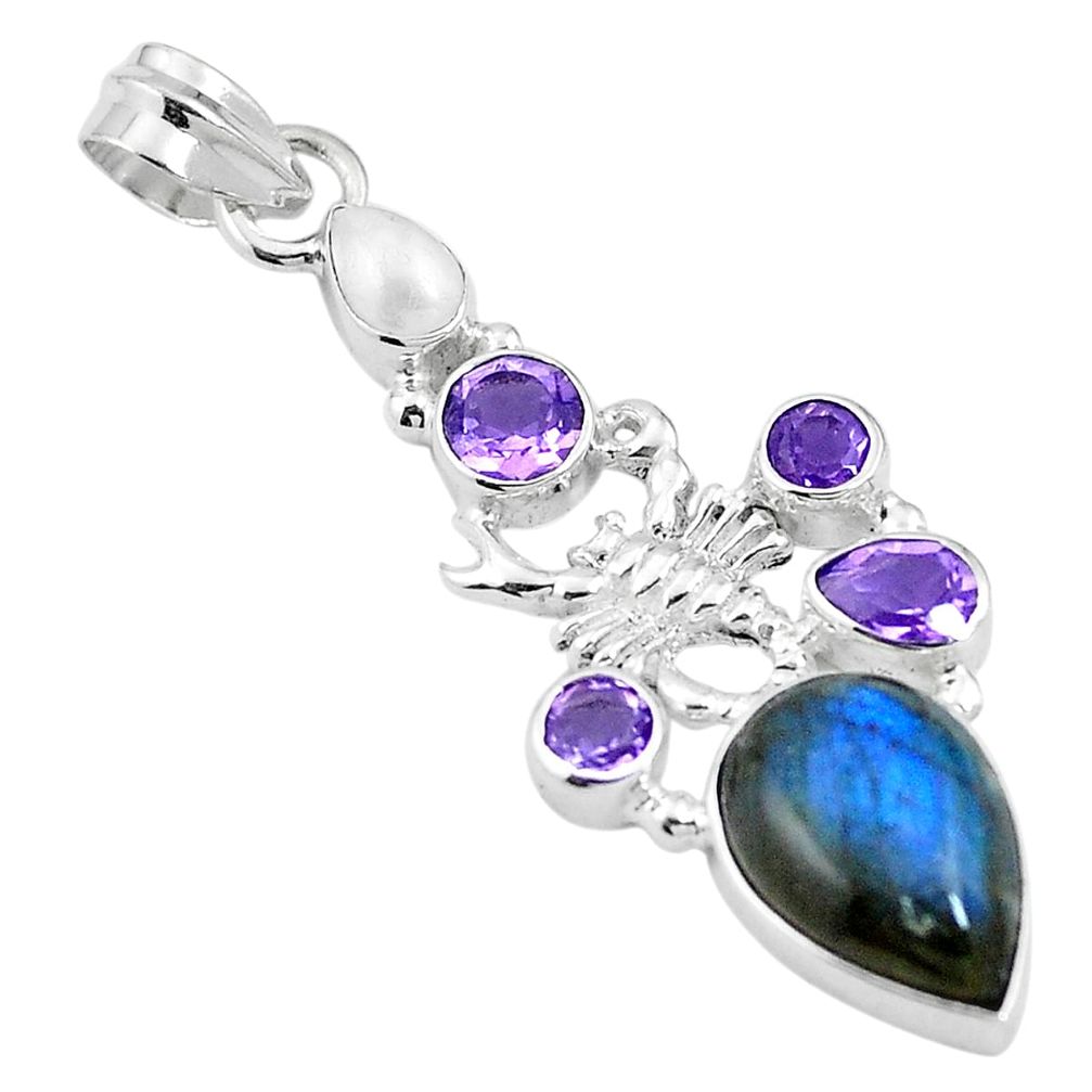 Natural blue labradorite amethyst 925 silver scorpion pendant d26420