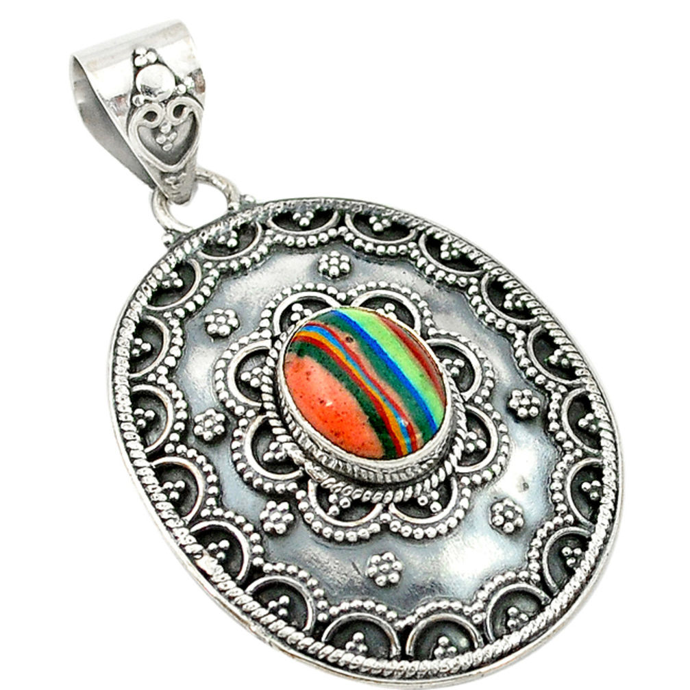 Natural multi color rainbow calsilica 925 sterling silver pendant d2645