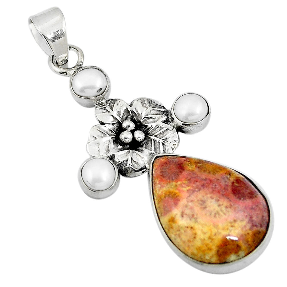 Yellow fossil coral (agatized) petoskey stone 925 silver flower pendant d26469