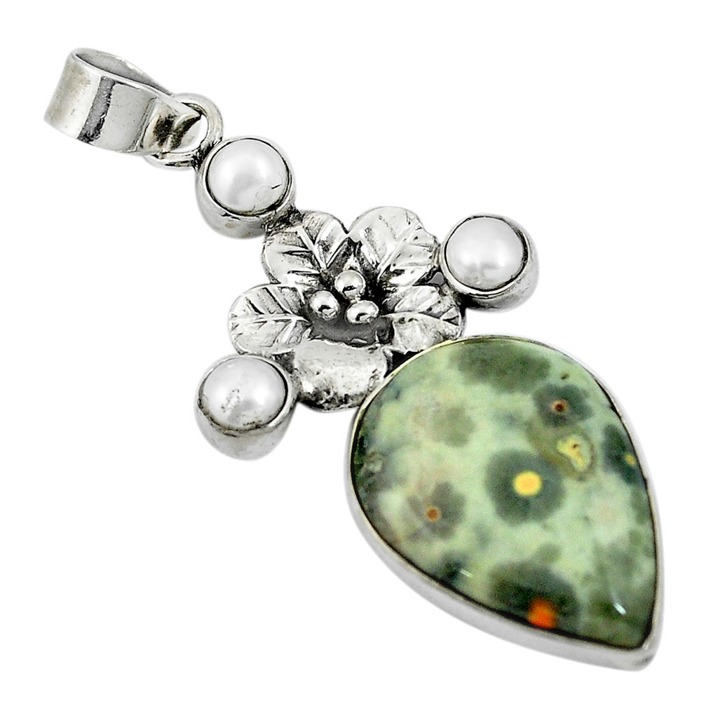 Natural ocean sea jasper (madagascar) 925 silver flower pendant d26472