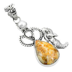 Clearance Sale- Fossil coral (agatized) petoskey stone 925 silver fairy mermaid pendant d26475