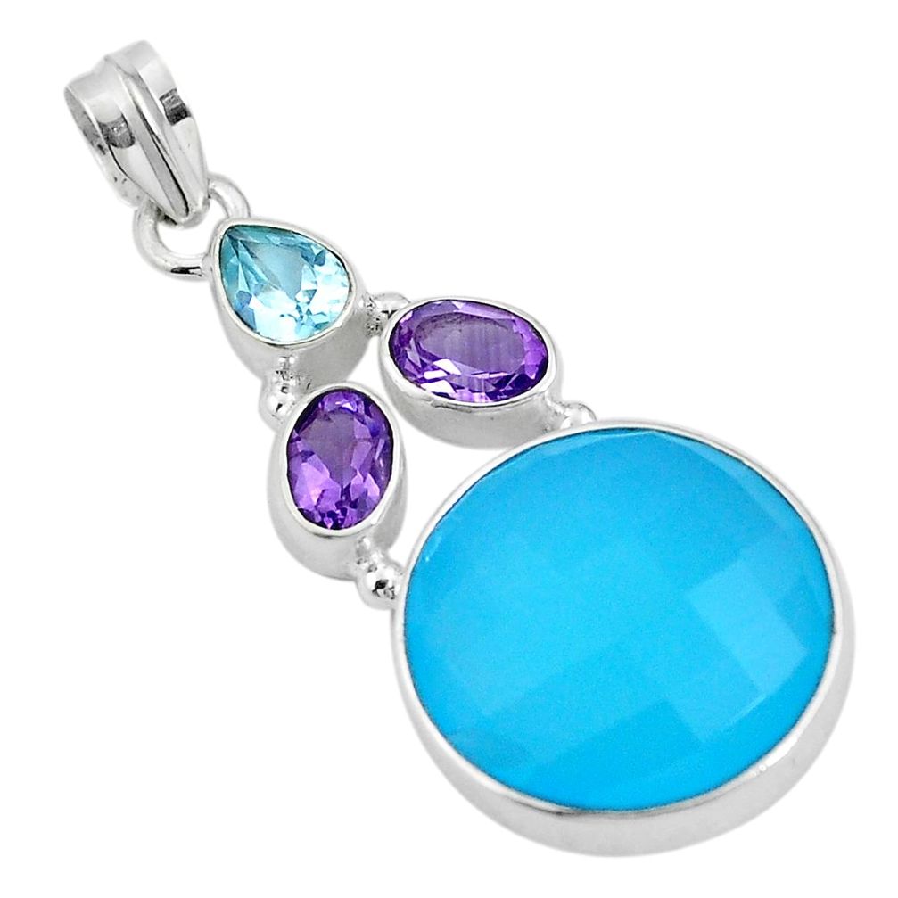 Natural blue chalcedony amethyst 925 sterling silver pendant d26477