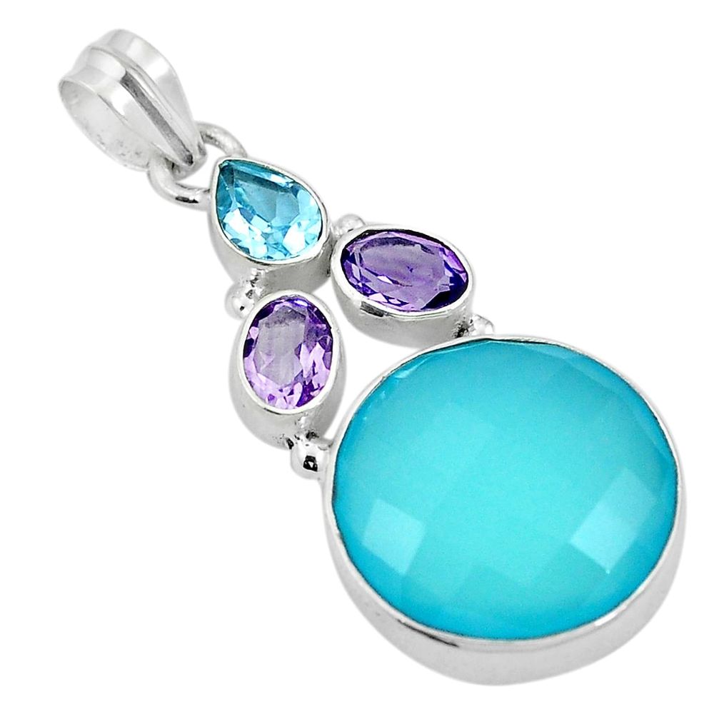 Natural aqua chalcedony amethyst 925 sterling silver pendant d26479