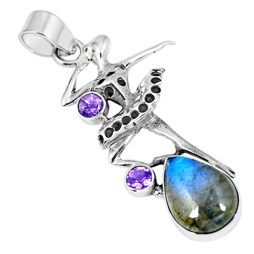 Natural blue labradorite amethyst 925 sterling silver pendant d26493