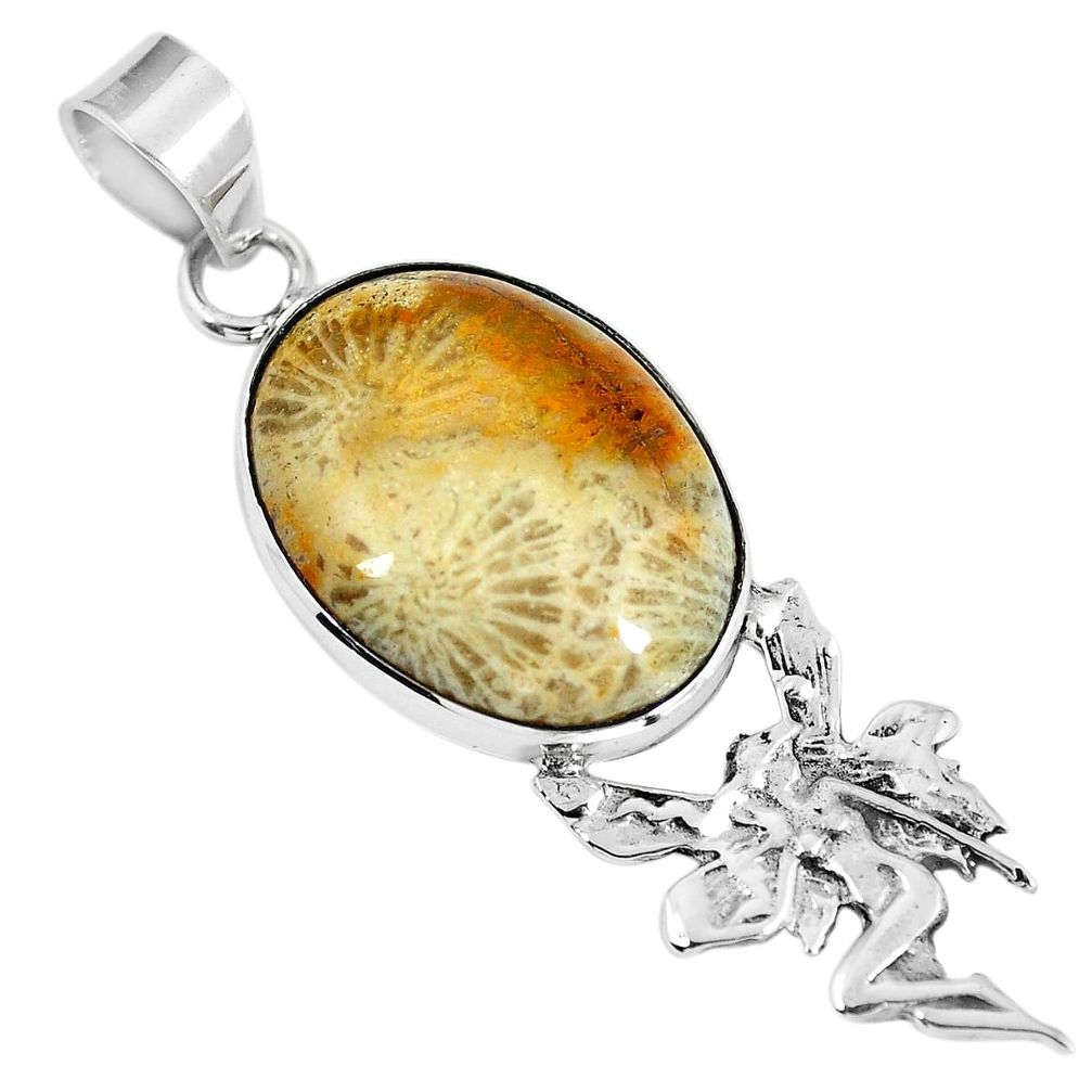 Fossil coral (agatized) petoskey stone 925 silver fairy mermaid pendant d26508