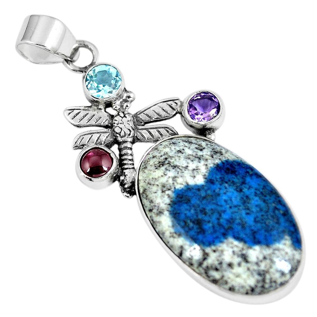 Natural k2 blue (azurite in quartz) 925 silver dragonfly pendant d26509