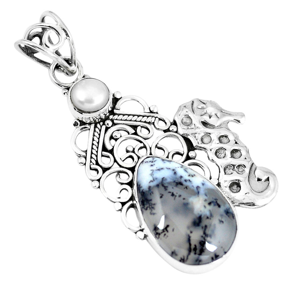 Natural white dendrite opal (merlinite) 925 silver seahorse pendant d26519