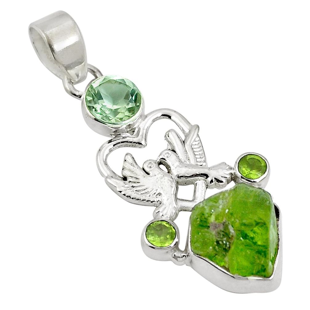 Natural green peridot rough 925 silver love birds pendant d26526