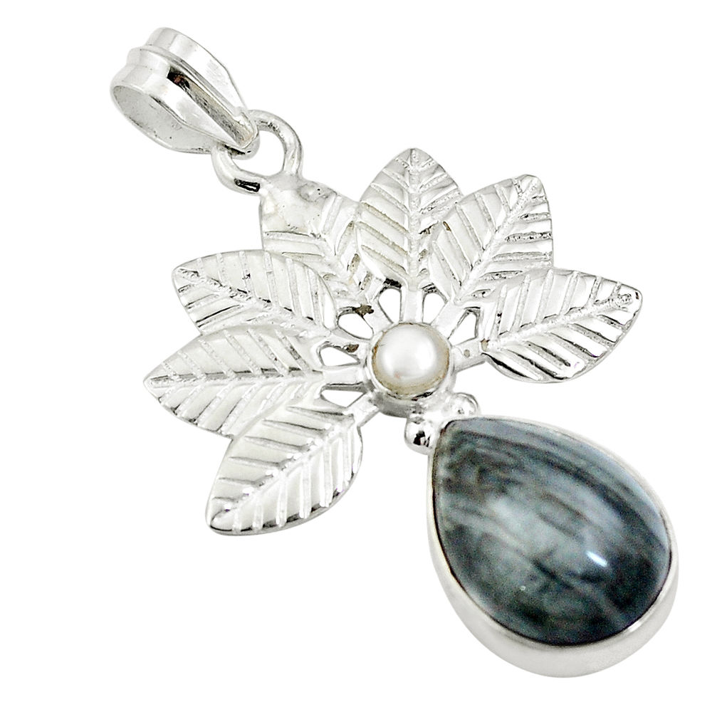 Natural black vivianite white pearl 925 sterling silver pendant d26535