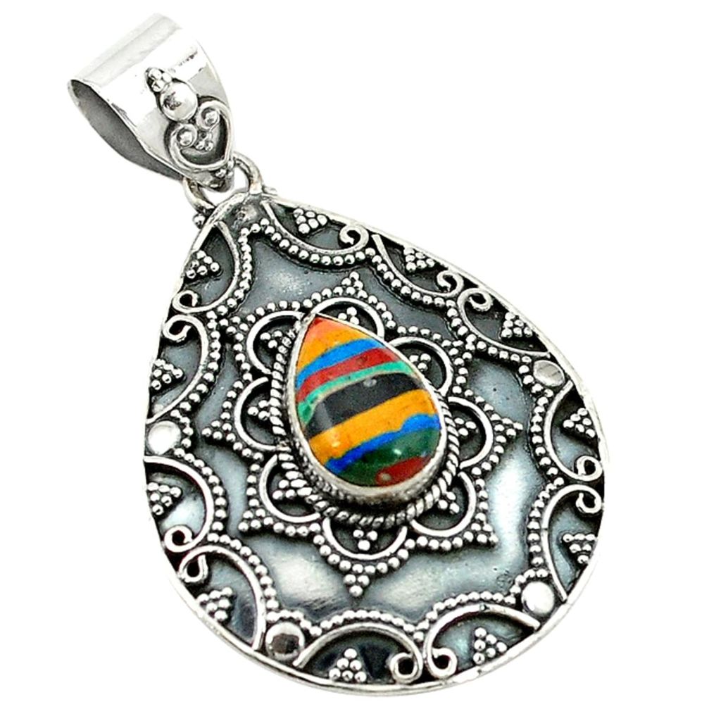 925 sterling silver natural multi color rainbow calsilica pendant d2656