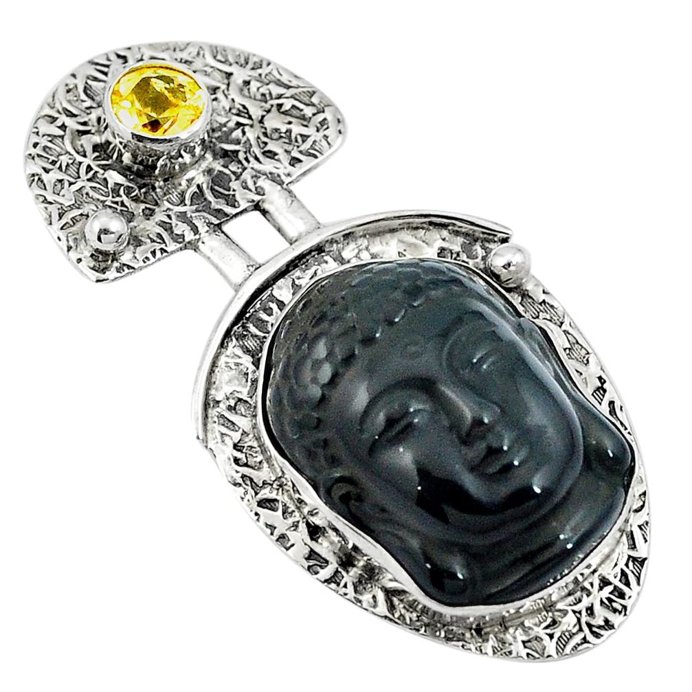 Natural black onyx yellow citrine 925 silver buddha charm pendant d26569