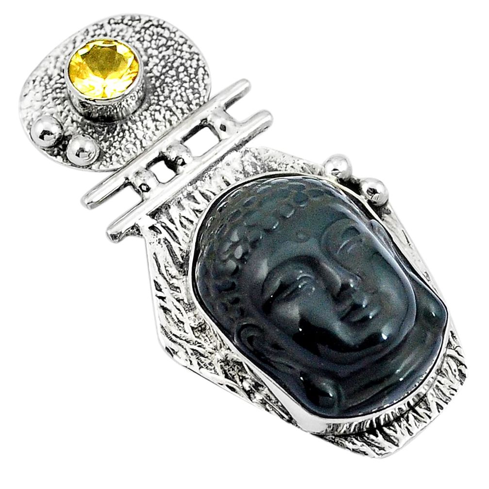 Natural black onyx citrine 925 silver buddha charm pendant d26571