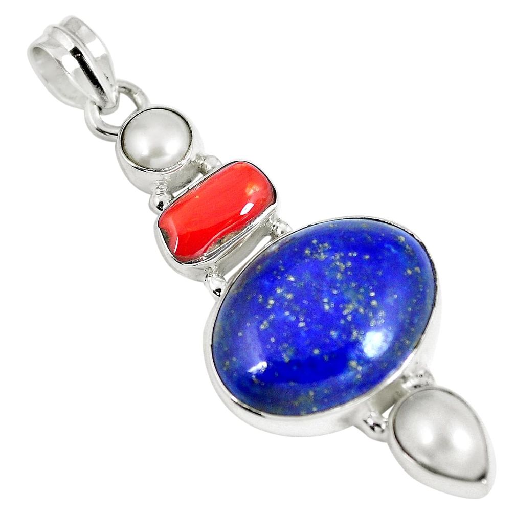 Natural blue lapis lazuli coral pearl 925 sterling silver pendant d26608