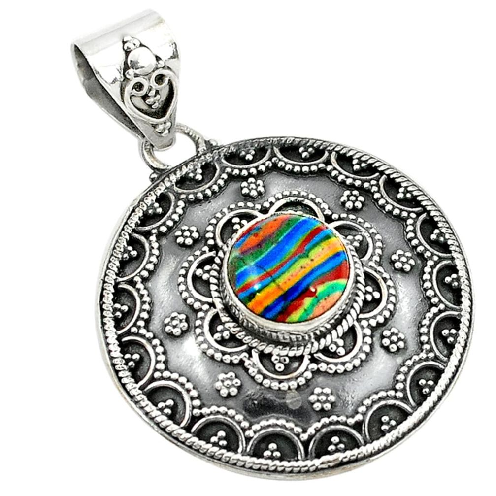 Natural multi color rainbow calsilica 925 sterling silver pendant d2662