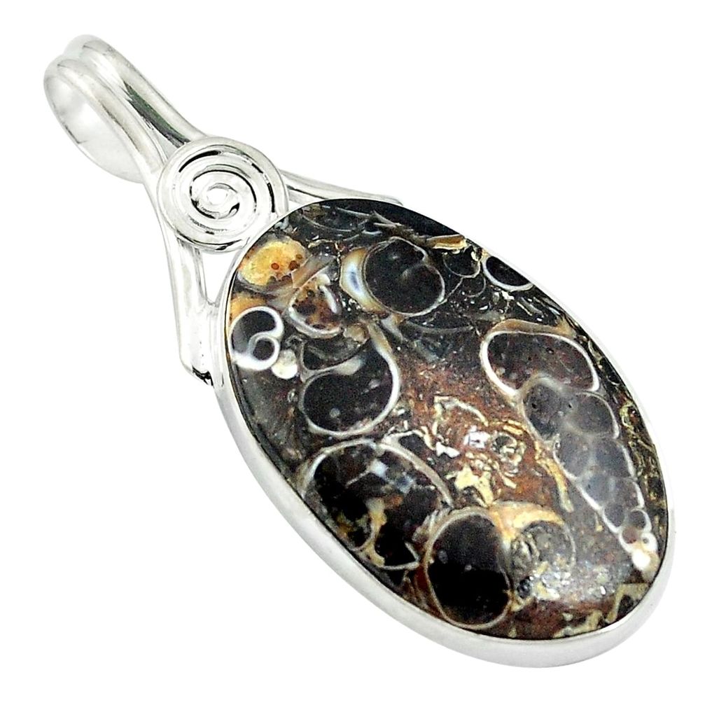 Natural brown turritella fossil snail agate 925 silver pendant d26626