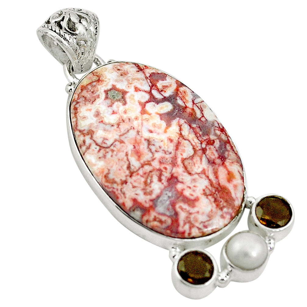 Natural pink rosetta stone jasper smoky topaz 925 silver pendant d26632