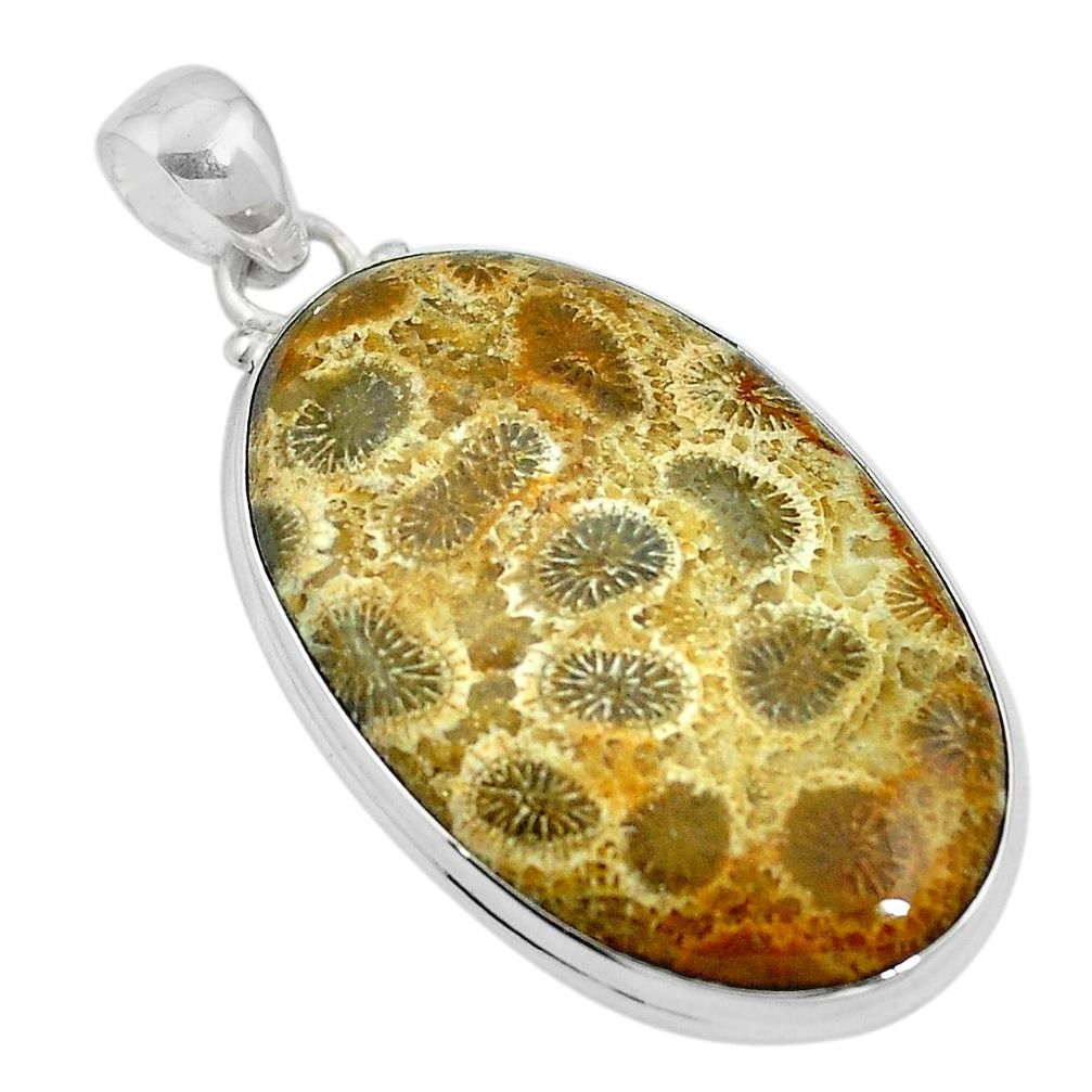 Natural yellow fossil coral (agatized) petoskey stone 925 silver pendant d26654