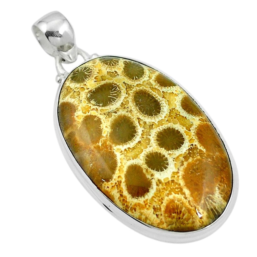 Natural yellow fossil coral (agatized) petoskey stone 925 silver pendant d26659