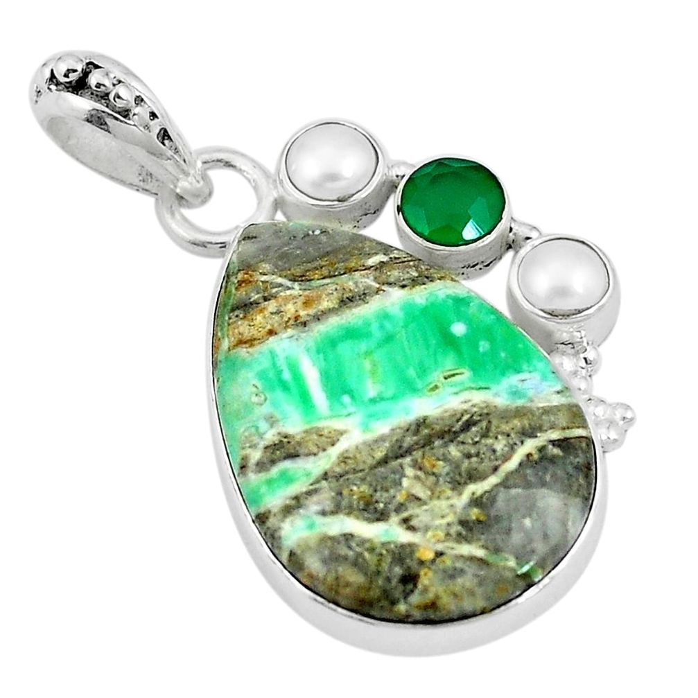 Natural green variscite chalcedony 925 sterling silver pendant d26669