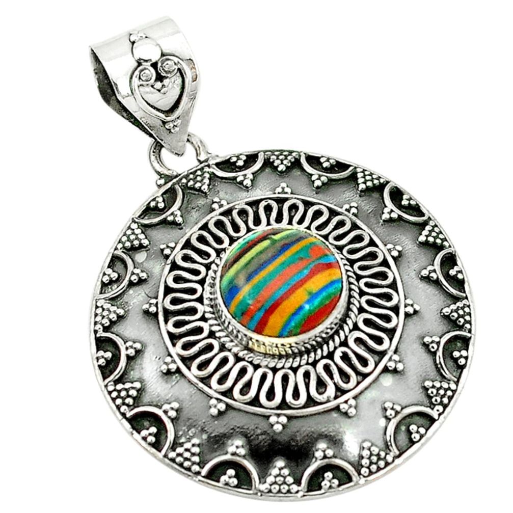 Natural multi color rainbow calsilica 925 sterling silver pendant d2669