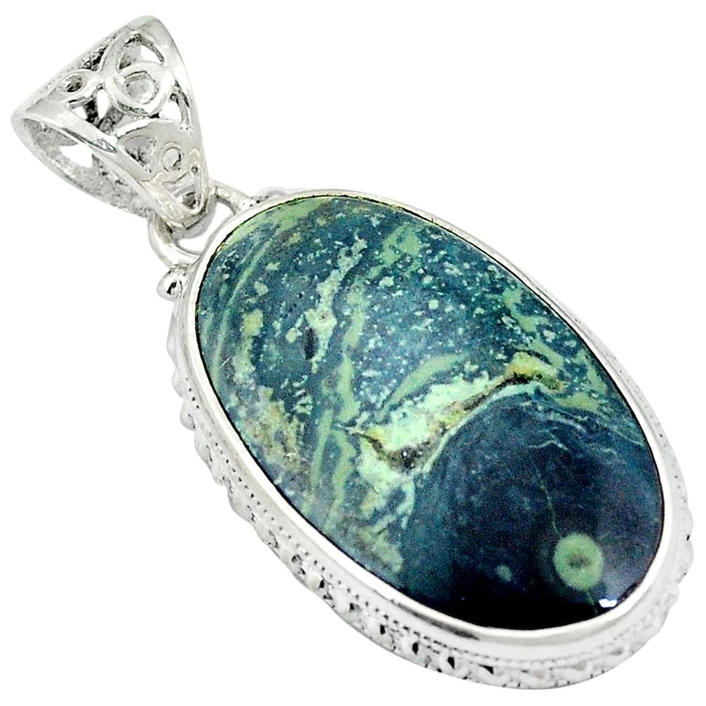 Natural green kambaba jasper (stromatolites) 925 silver pendant d26794