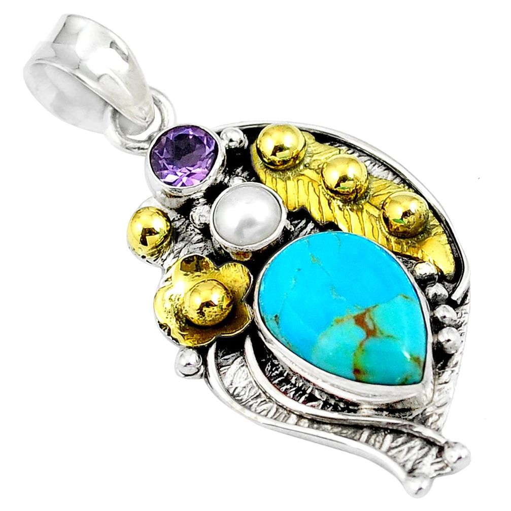 Blue arizona mohave turquoise 925 silver 14k gold pendant d26821