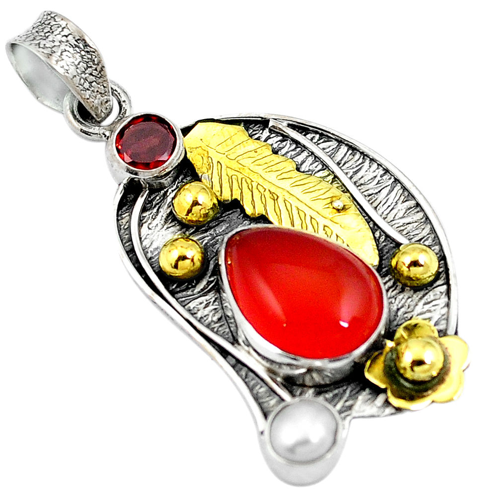 Natural orange cornelian (carnelian) 925 silver 14k gold pendant d26828