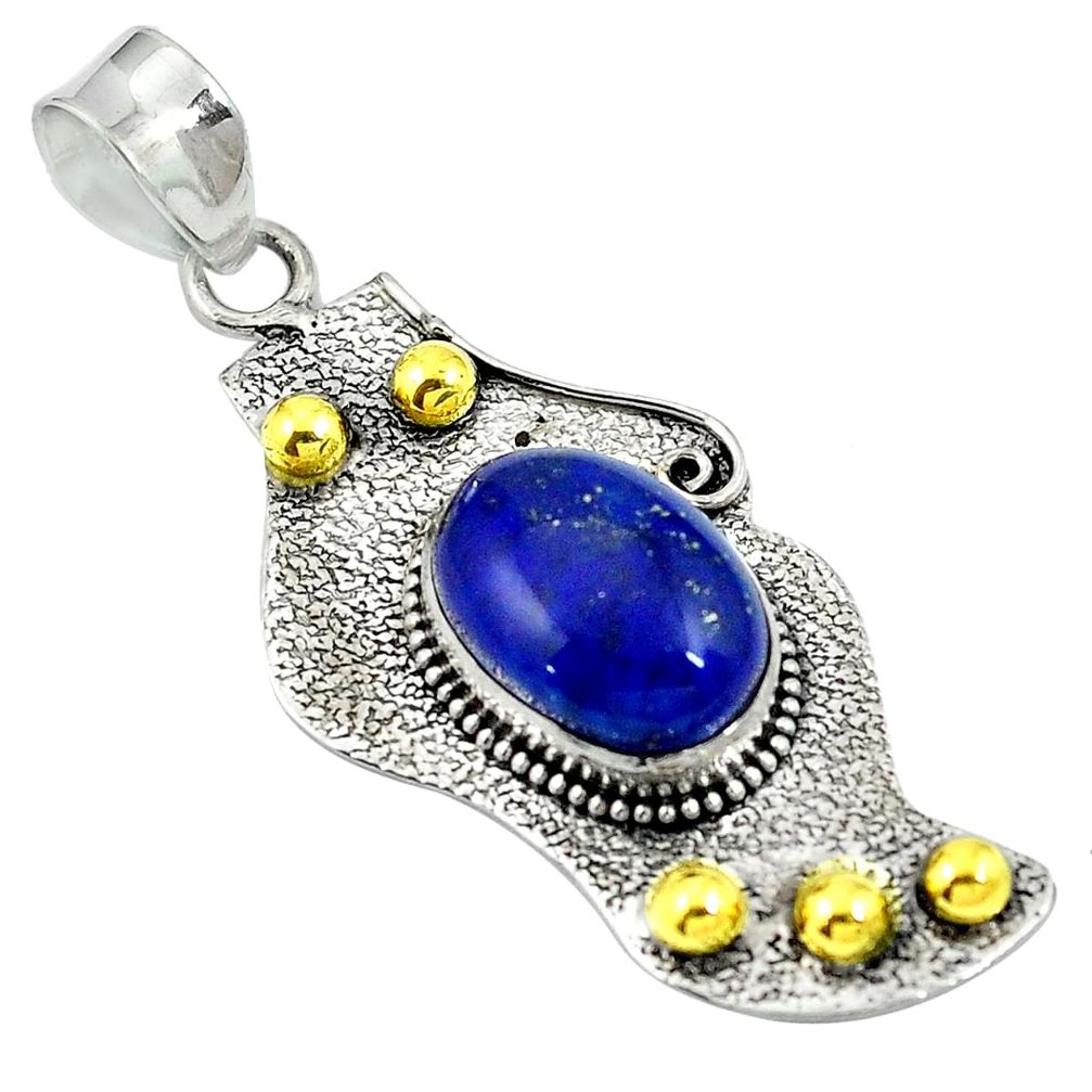 Natural blue lapis lazuli 925 sterling silver 14k gold pendant d26835