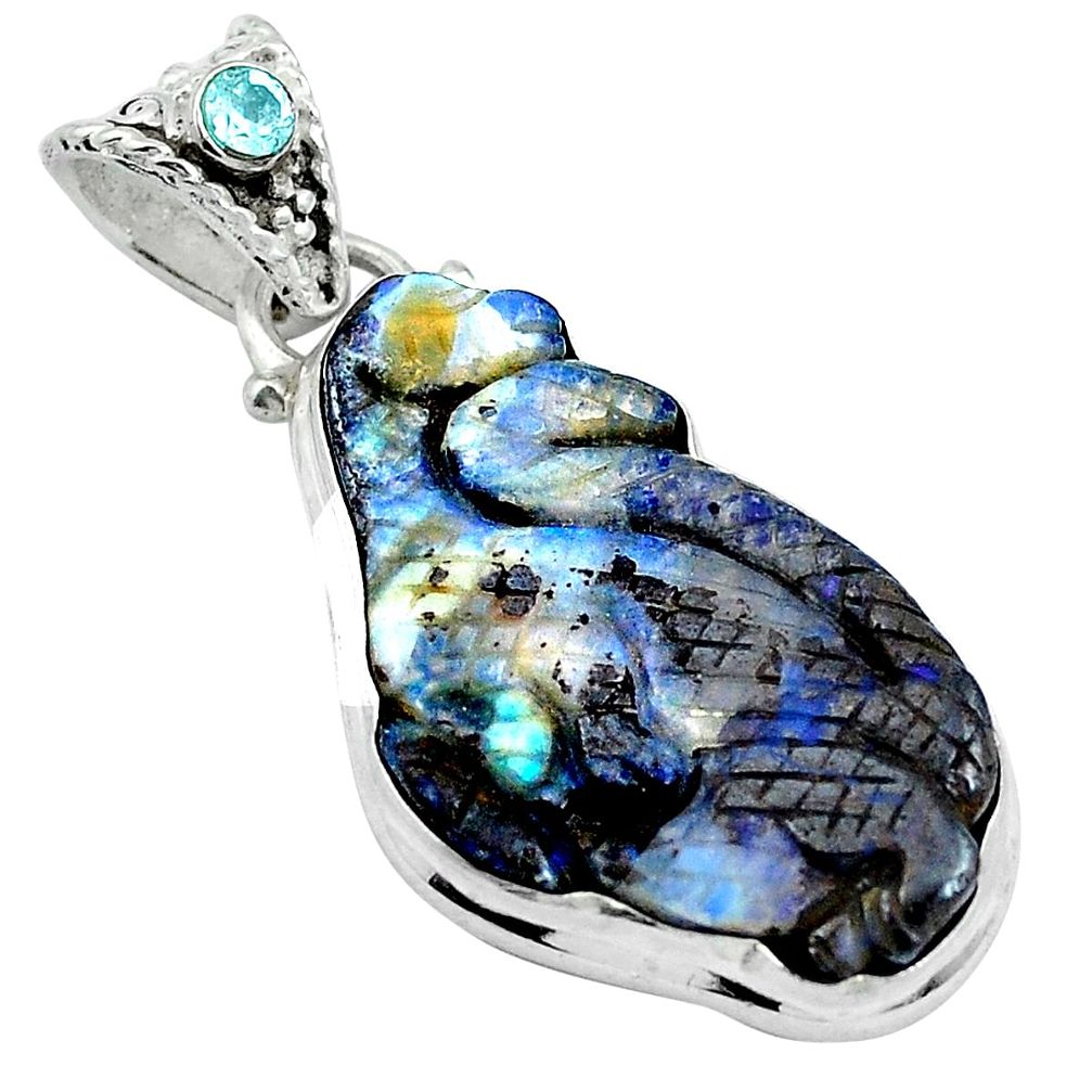 Natural brown boulder opal carving topaz 925 silver pendant d26898