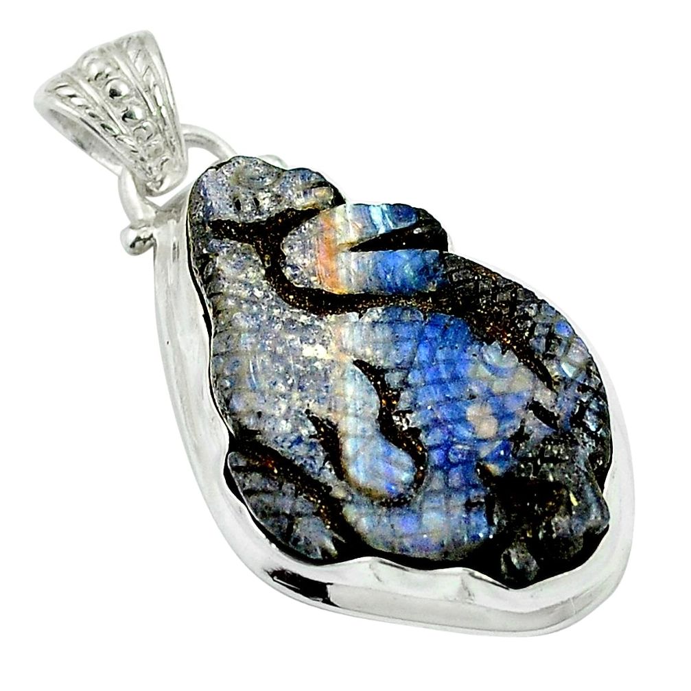 Natural brown boulder opal carving 925 sterling silver pendant d26903