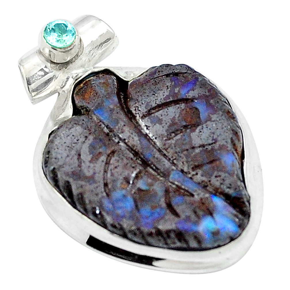 Natural brown boulder opal carving topaz 925 silver pendant d26917