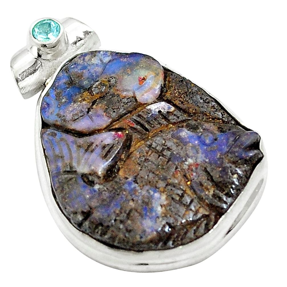 Natural brown boulder opal carving topaz 925 silver pendant d26920