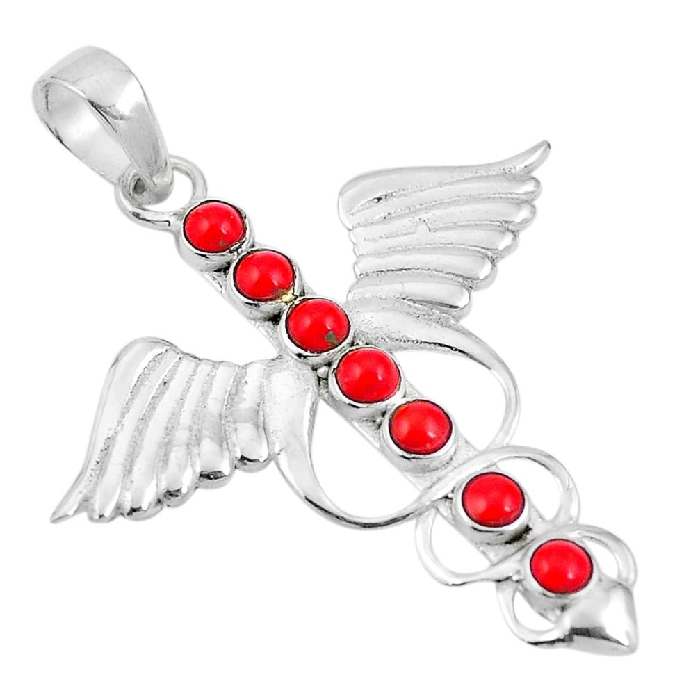 Red coral 925 sterling silver feather charm caduceus pendant jewelry d26988