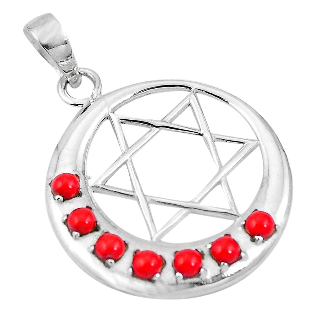 925 sterling silver red coral round shape pendant moon and star chakra d26991