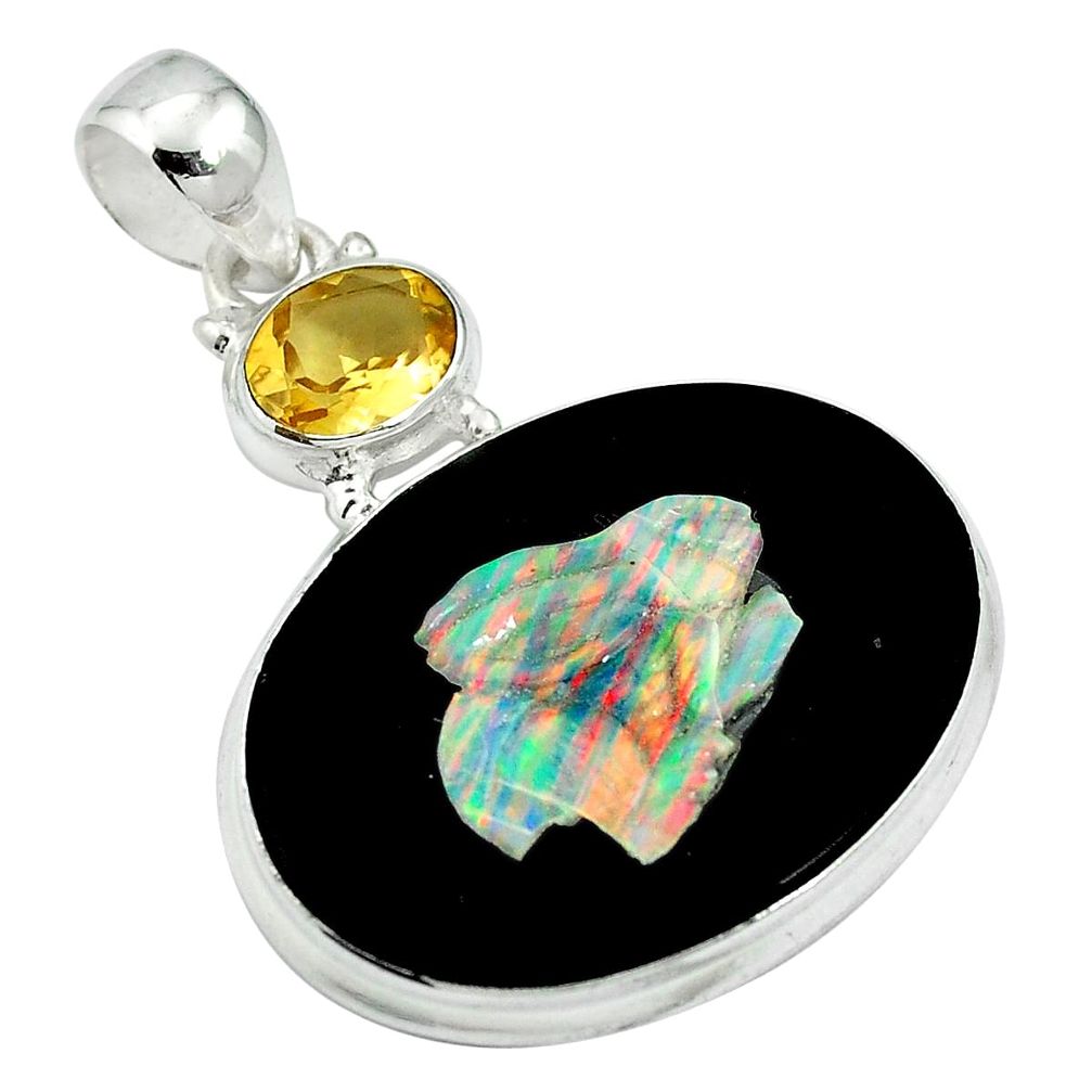 925 silver natural black cameo opal on onyx yellow citrine pendant d27054