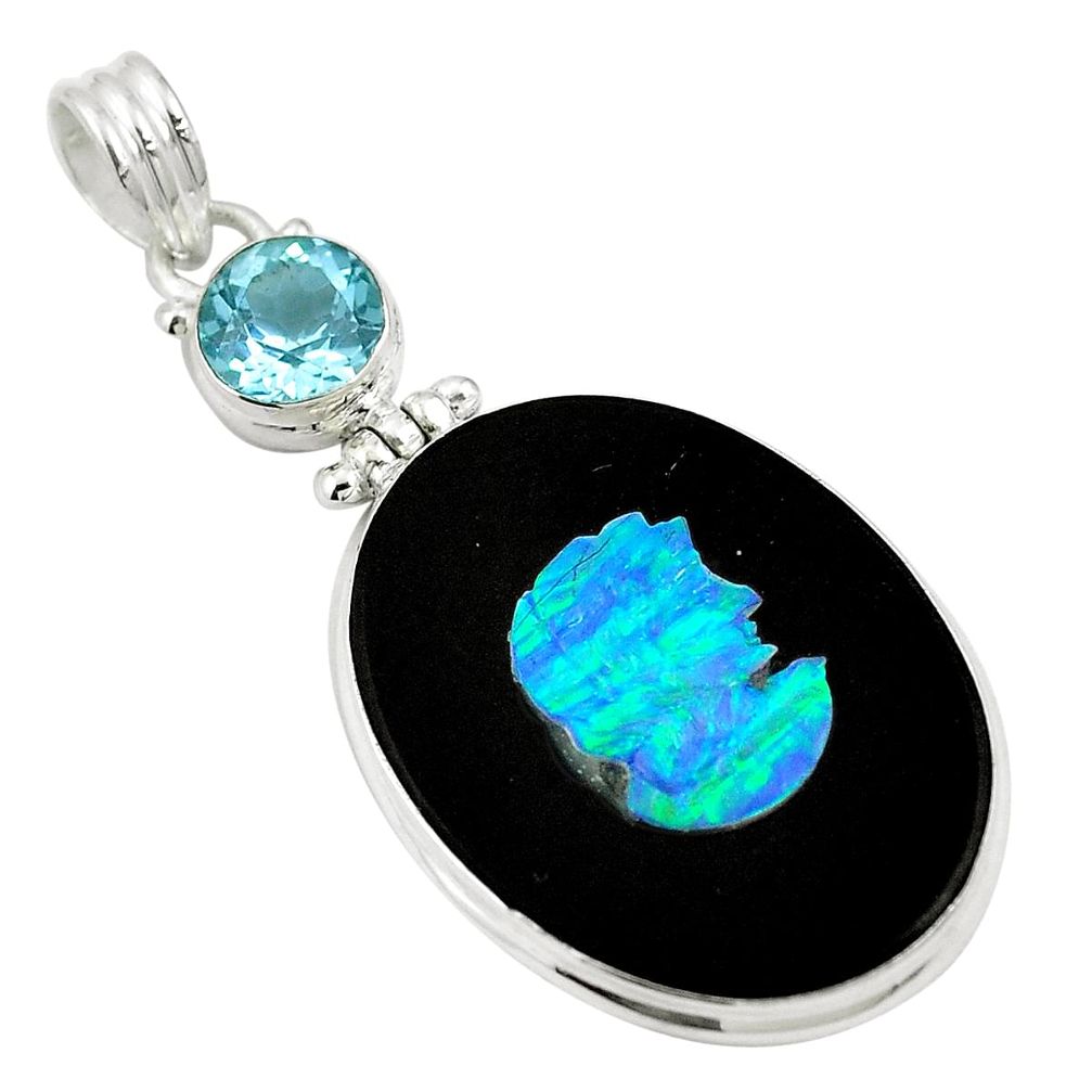 Natural black cameo opal on onyx topaz 925 silver pendant jewelry d27055