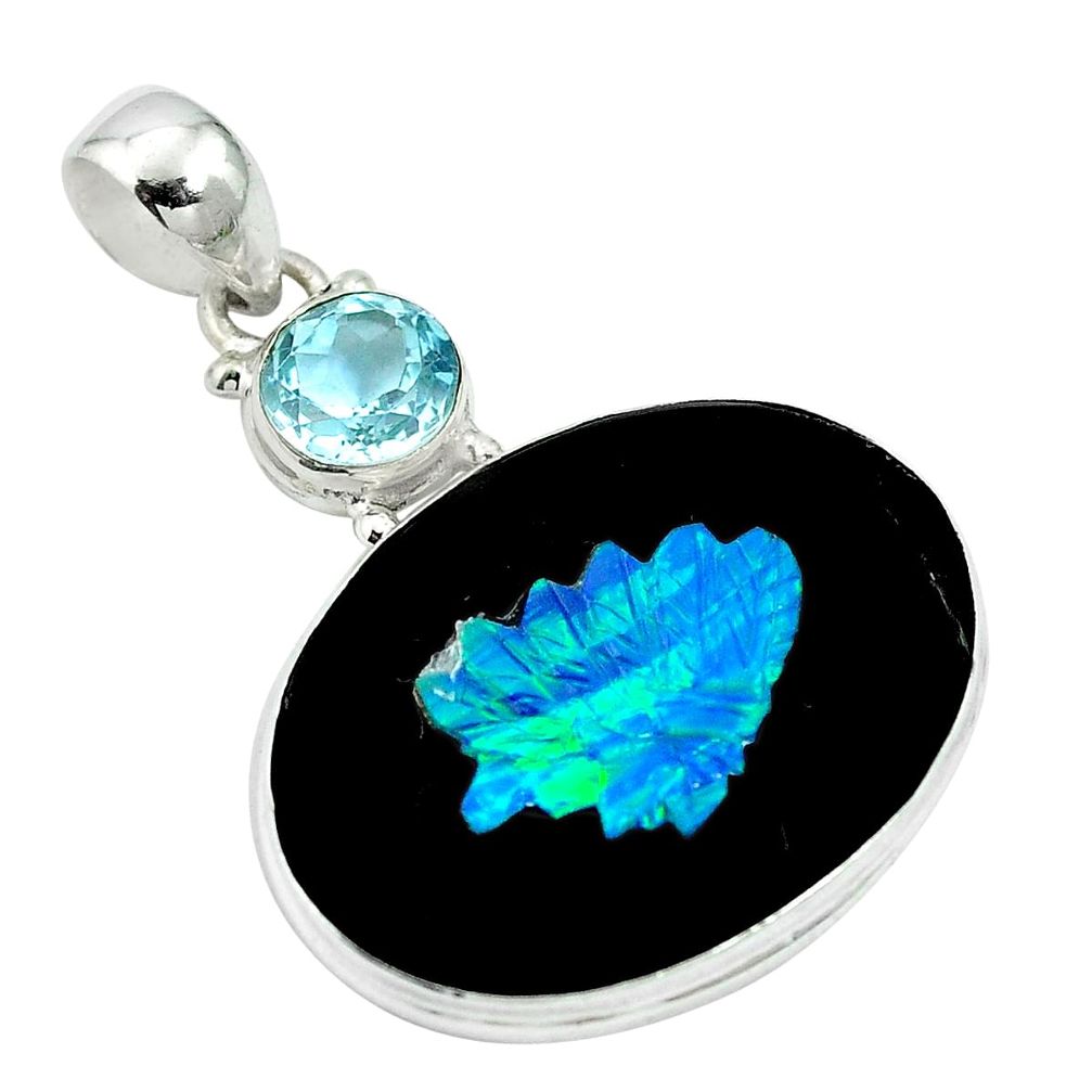 Natural black cameo opal on onyx topaz 925 silver pendant jewelry d27056