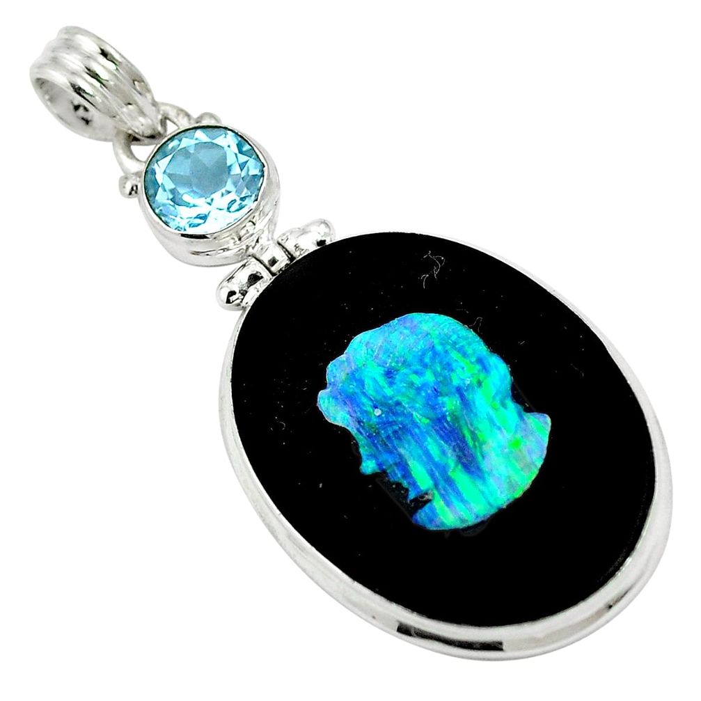 Natural black cameo opal on onyx topaz 925 silver pendant jewelry d27057